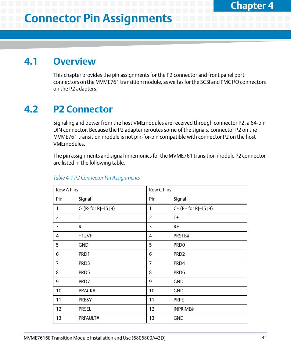 Connector pin assignments, 1 overview, 2 p2 connector | 1 overview 4.2 p2 connector, Table 4-1, P2 connector pin assignments, S. see, Chapter 4, connector pin assignments, Chapter 4 | Artesyn MVME7616E Transition Module Installation and Use (April 2015) User Manual | Page 41 / 56