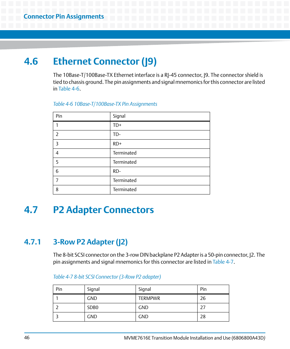 6 ethernet connector (j9), 7 p2 adapter connectors, 1 3-row p2 adapter (j2) | Table 4-6, 10base-t/100base-tx pin assignments, Table 4-7, Bit scsi connector (3-row p2 adapter), Connector pin assignments | Artesyn MVME7616E Transition Module Installation and Use (April 2015) User Manual | Page 46 / 56