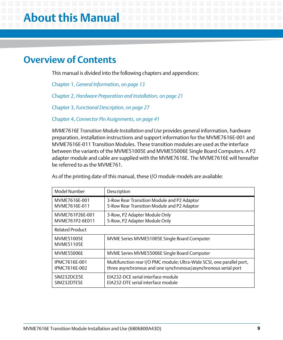About this manual, Overview of contents | Artesyn MVME7616E Transition Module Installation and Use (April 2015) User Manual | Page 9 / 56