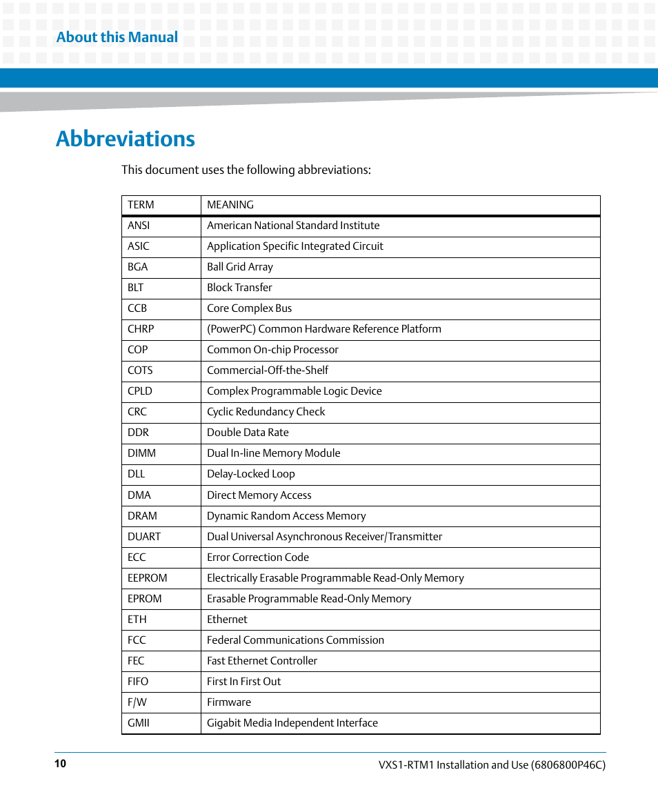 Abbreviations, About this manual | Artesyn MVME8100 RTM (VXS1-RTM1) Installation and Use (April 2015) User Manual | Page 10 / 58