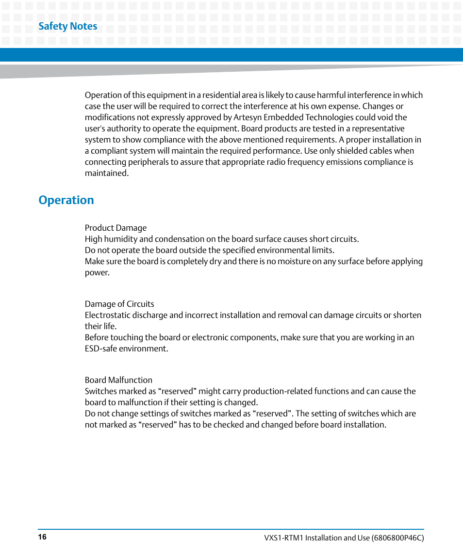Operation | Artesyn MVME8100 RTM (VXS1-RTM1) Installation and Use (April 2015) User Manual | Page 16 / 58