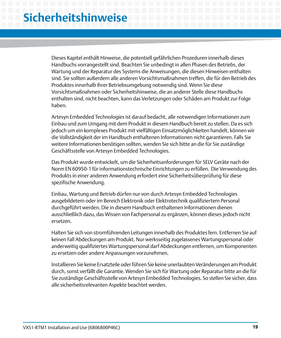 Sicherheitshinweise, Is a ge | Artesyn MVME8100 RTM (VXS1-RTM1) Installation and Use (April 2015) User Manual | Page 19 / 58