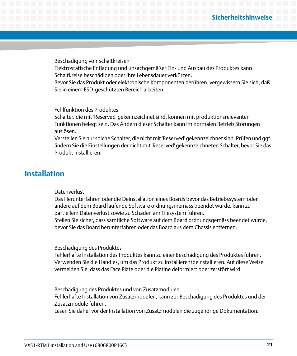 Installation, Sicherheitshinweise | Artesyn MVME8100 RTM (VXS1-RTM1) Installation and Use (April 2015) User Manual | Page 21 / 58