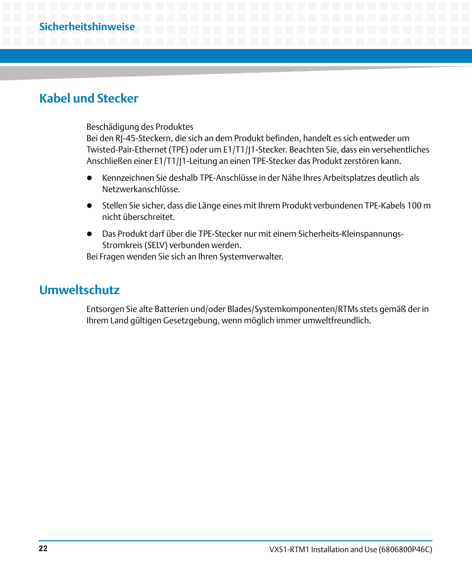 Kabel und stecker, Umweltschutz, Sicherheitshinweise | Artesyn MVME8100 RTM (VXS1-RTM1) Installation and Use (April 2015) User Manual | Page 22 / 58