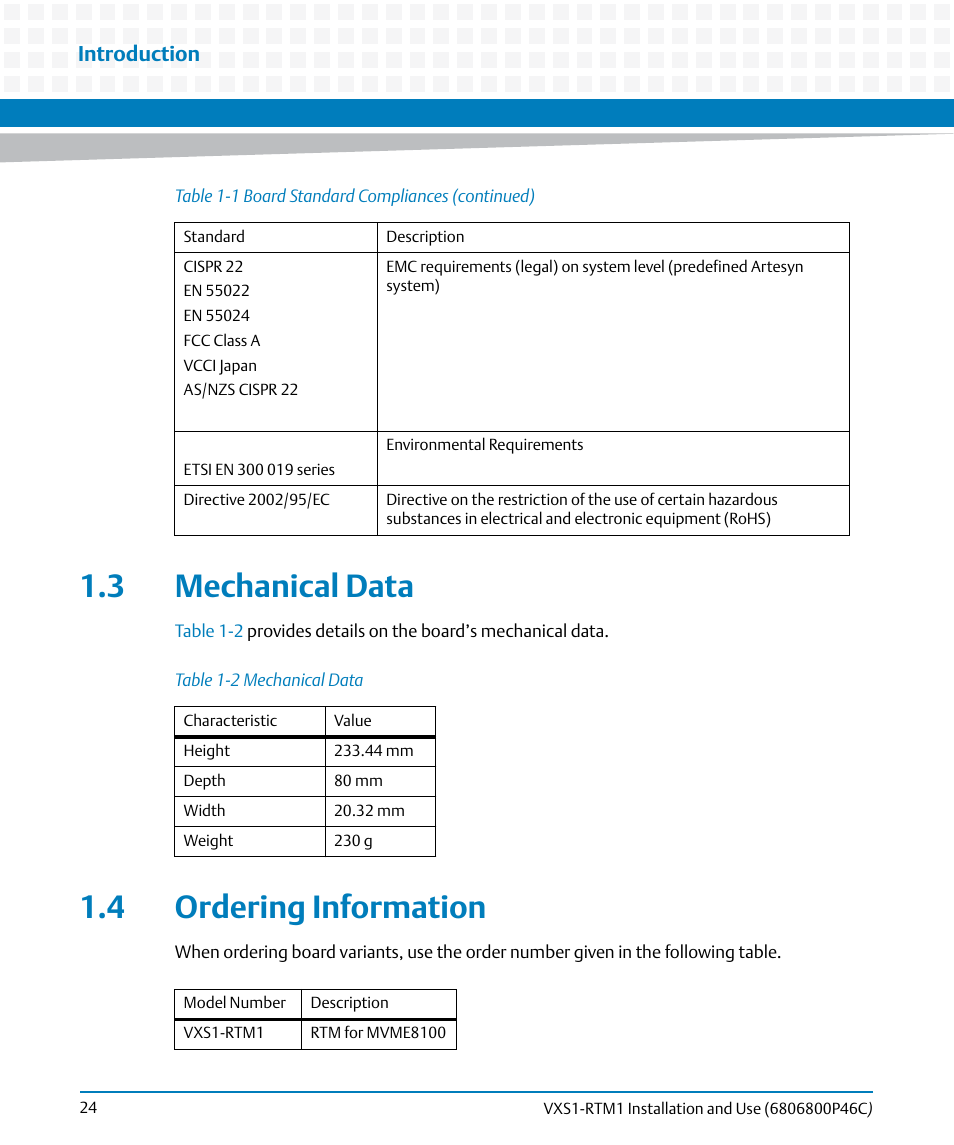 3 mechanical data, 4 ordering information, 3 mechanical data 1.4 ordering information | Table 1-2, Mechanical data, Introduction | Artesyn MVME8100 RTM (VXS1-RTM1) Installation and Use (April 2015) User Manual | Page 24 / 58