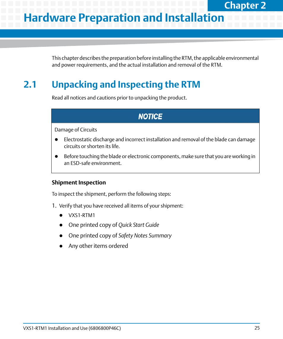 Hardware preparation and installation, 1 unpacking and inspecting the rtm, Chapter 2, hardware preparation and installation | Chapter 2 | Artesyn MVME8100 RTM (VXS1-RTM1) Installation and Use (April 2015) User Manual | Page 25 / 58