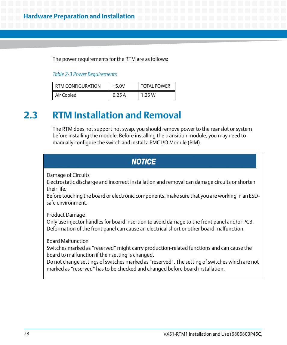 3 rtm installation and removal, Table 2-3, Power requirements | Artesyn MVME8100 RTM (VXS1-RTM1) Installation and Use (April 2015) User Manual | Page 28 / 58