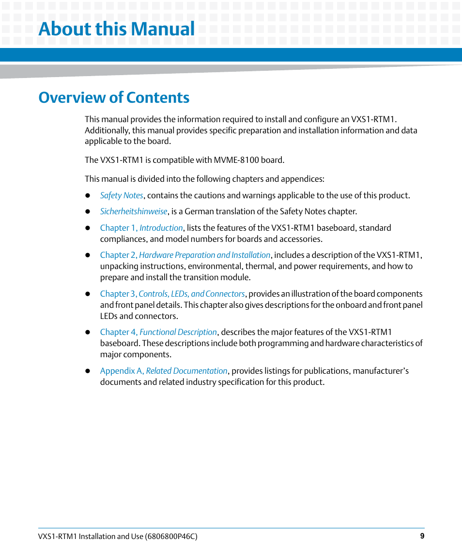 About this manual, Overview of contents | Artesyn MVME8100 RTM (VXS1-RTM1) Installation and Use (April 2015) User Manual | Page 9 / 58
