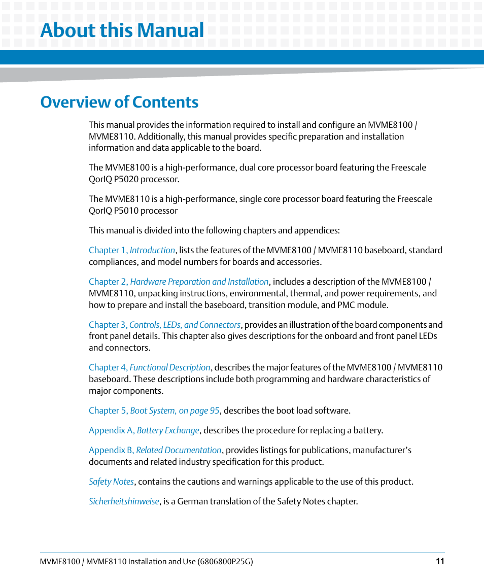 About this manual, Overview of contents | Artesyn MVME8100/MVME8110 Installation and Use (September 2014) User Manual | Page 11 / 120