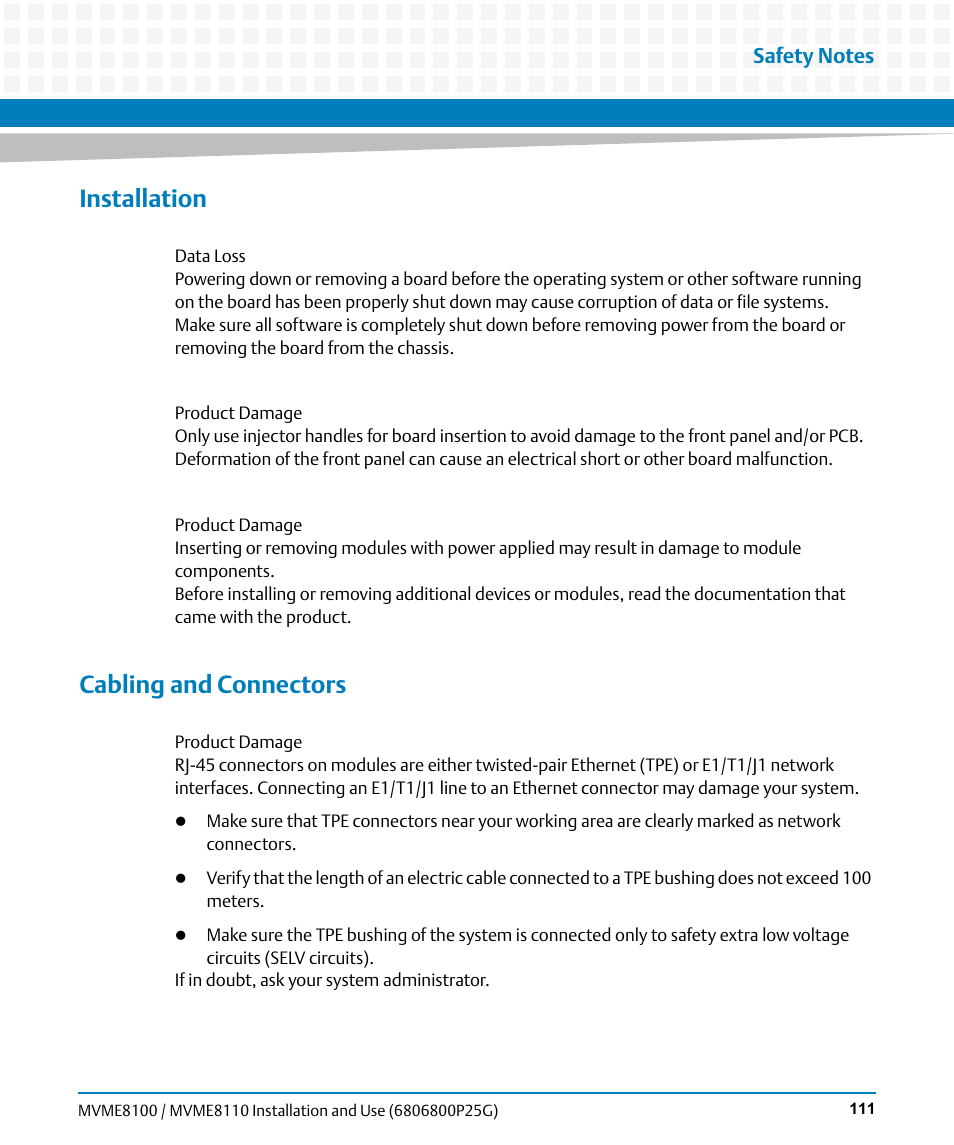 Installation, Cabling and connectors | Artesyn MVME8100/MVME8110 Installation and Use (September 2014) User Manual | Page 111 / 120