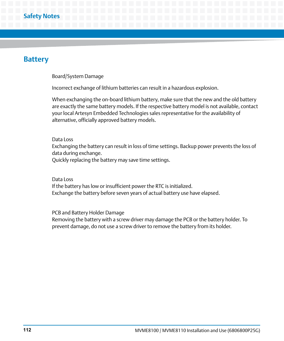 Battery | Artesyn MVME8100/MVME8110 Installation and Use (September 2014) User Manual | Page 112 / 120
