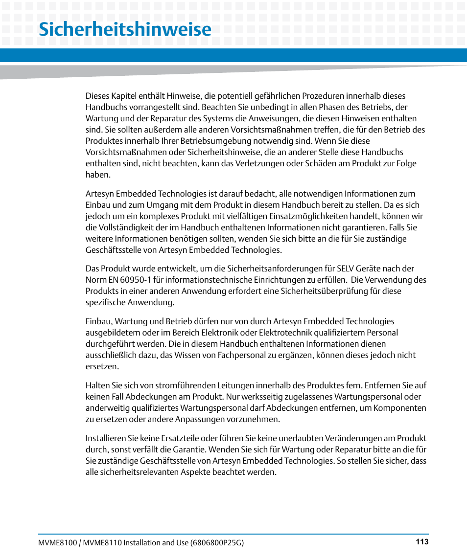 Sicherheitshinweise, Is a ge | Artesyn MVME8100/MVME8110 Installation and Use (September 2014) User Manual | Page 113 / 120