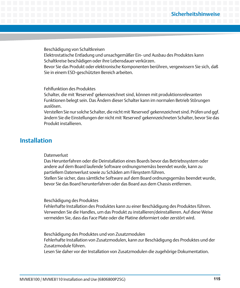 Installation, Sicherheitshinweise | Artesyn MVME8100/MVME8110 Installation and Use (September 2014) User Manual | Page 115 / 120