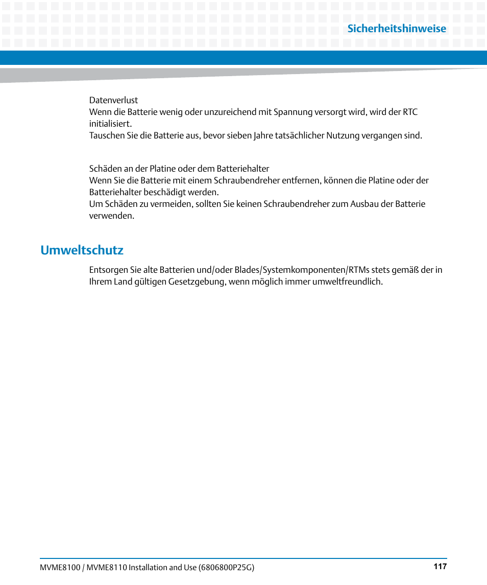 Umweltschutz | Artesyn MVME8100/MVME8110 Installation and Use (September 2014) User Manual | Page 117 / 120