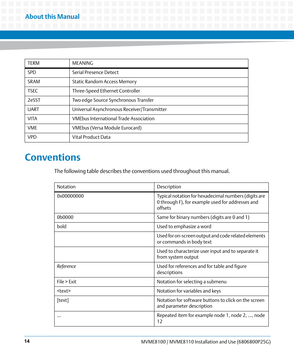 Conventions, About this manual | Artesyn MVME8100/MVME8110 Installation and Use (September 2014) User Manual | Page 14 / 120