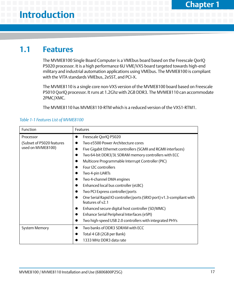 Introduction, 1 features, Table 1-1 | Features list of mvme8100, Chapter 1, introduction, Chapter 1 | Artesyn MVME8100/MVME8110 Installation and Use (September 2014) User Manual | Page 17 / 120