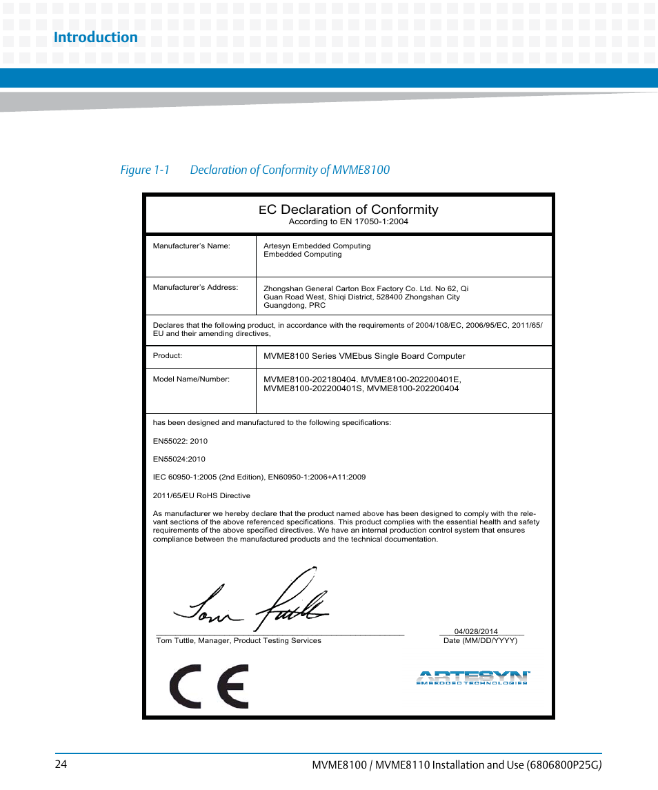 Figure 1-1, Declaration of conformity of mvme8100, Introduction | C declaration of conformity | Artesyn MVME8100/MVME8110 Installation and Use (September 2014) User Manual | Page 24 / 120