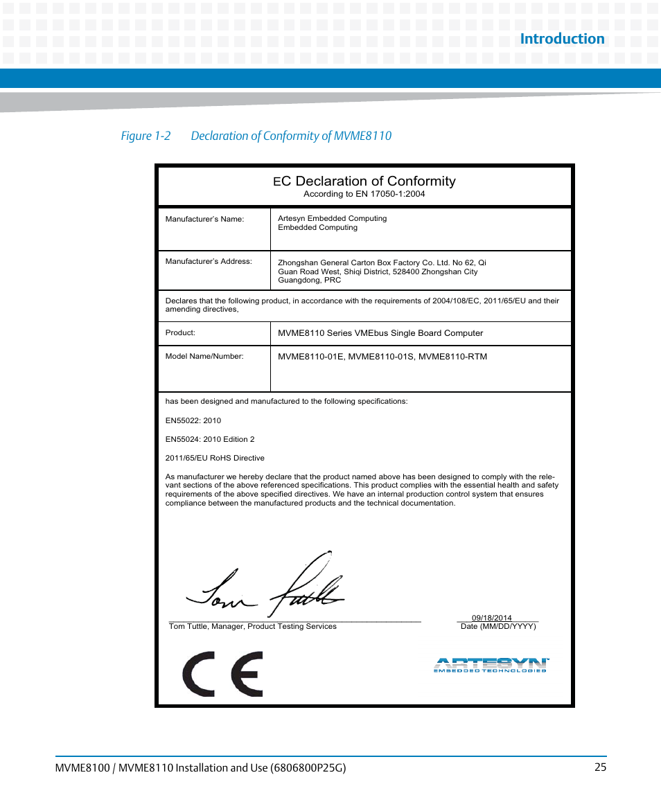 Figure 1-2, Declaration of conformity of mvme8110, Introduction | C declaration of conformity | Artesyn MVME8100/MVME8110 Installation and Use (September 2014) User Manual | Page 25 / 120