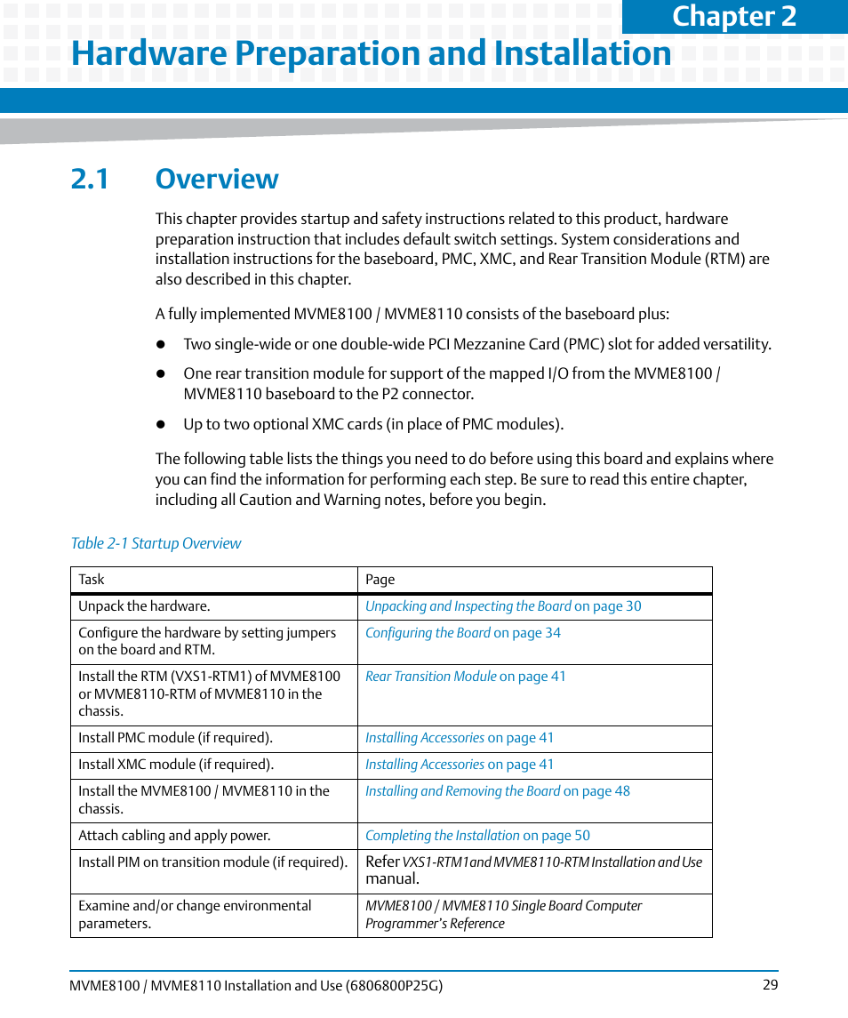 Hardware preparation and installation, 1 overview, Table 2-1 | Startup overview, Chapter 2, hardware preparation and installation, Chapter 2 | Artesyn MVME8100/MVME8110 Installation and Use (September 2014) User Manual | Page 29 / 120