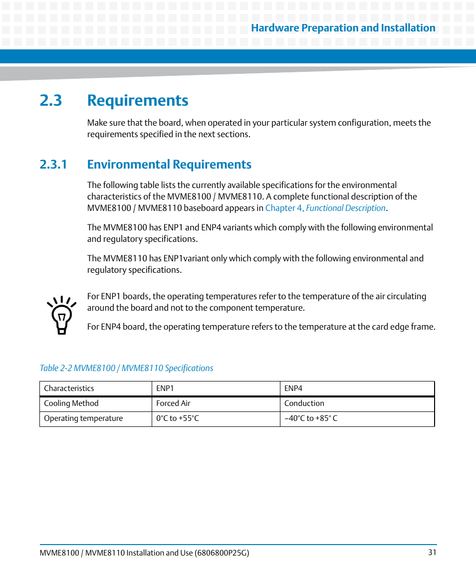 3 requirements, 1 environmental requirements, Table 2-2 | Mvme8100 / mvme8110 specifications | Artesyn MVME8100/MVME8110 Installation and Use (September 2014) User Manual | Page 31 / 120