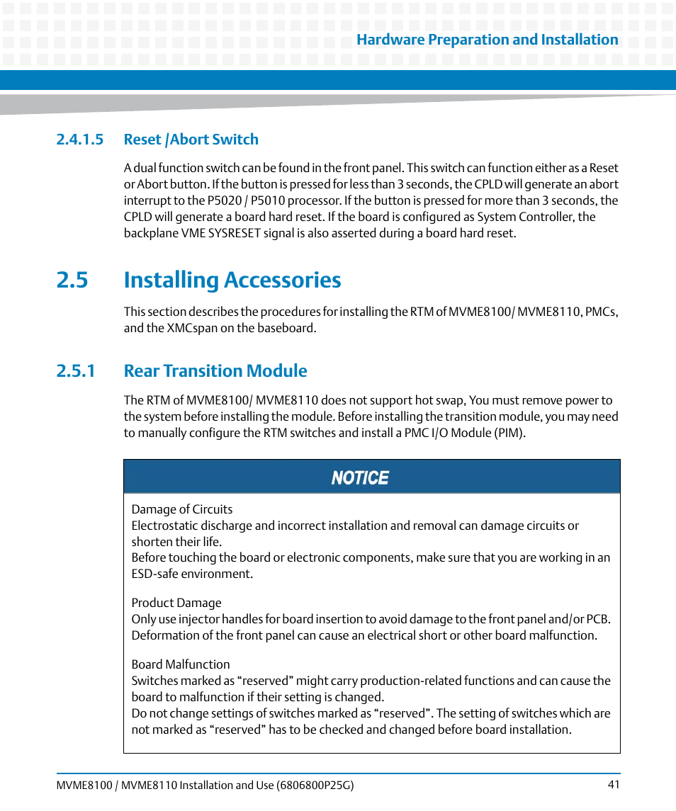 5 reset /abort switch, 5 installing accessories, 1 rear transition module | Rear transition module, Installing accessories | Artesyn MVME8100/MVME8110 Installation and Use (September 2014) User Manual | Page 41 / 120