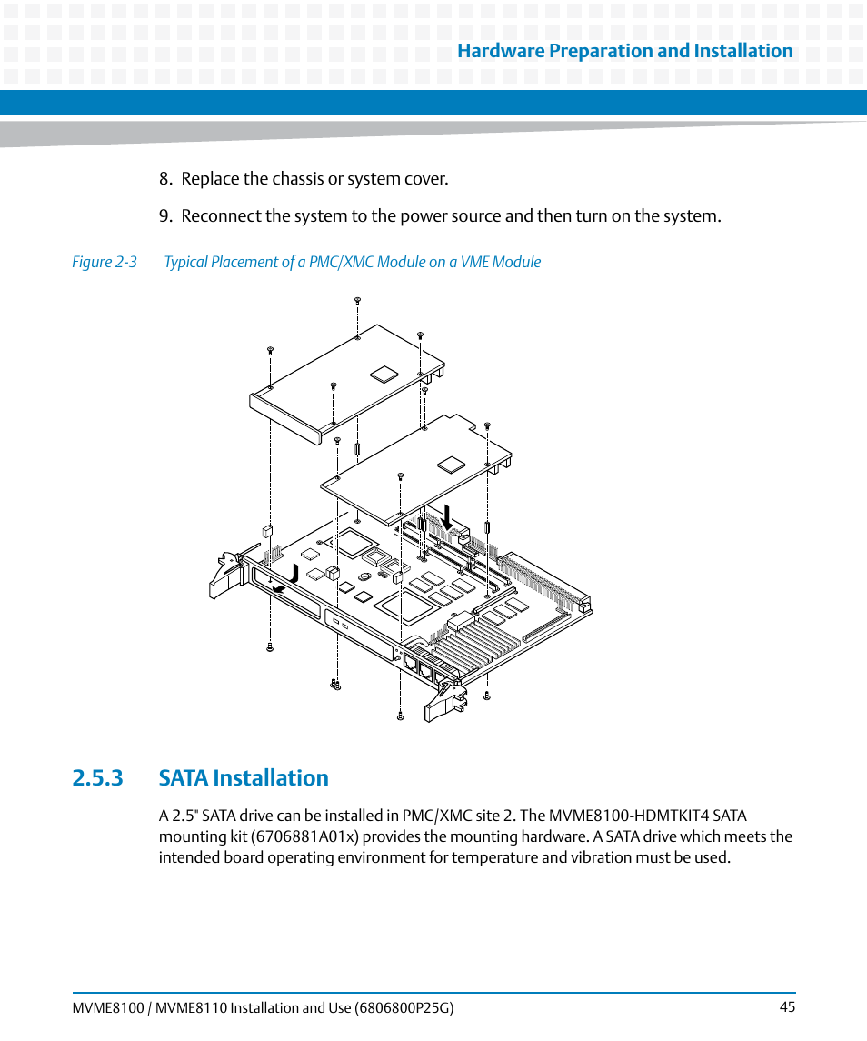 3 sata installation, Figure 2-3, Sata installation | Artesyn MVME8100/MVME8110 Installation and Use (September 2014) User Manual | Page 45 / 120