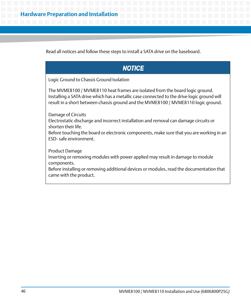 Hardware preparation and installation | Artesyn MVME8100/MVME8110 Installation and Use (September 2014) User Manual | Page 46 / 120
