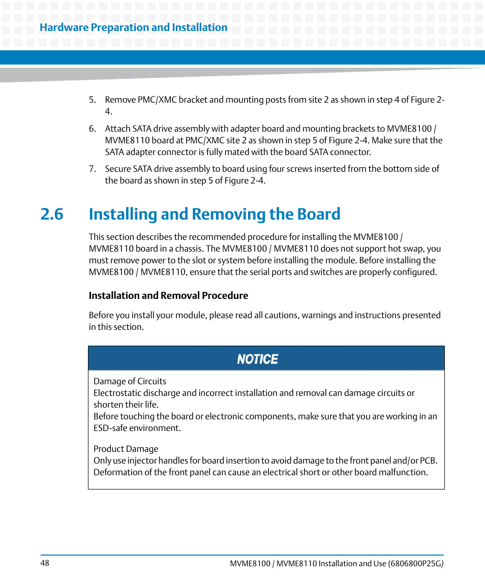 6 installing and removing the board, Installing and removing the board | Artesyn MVME8100/MVME8110 Installation and Use (September 2014) User Manual | Page 48 / 120