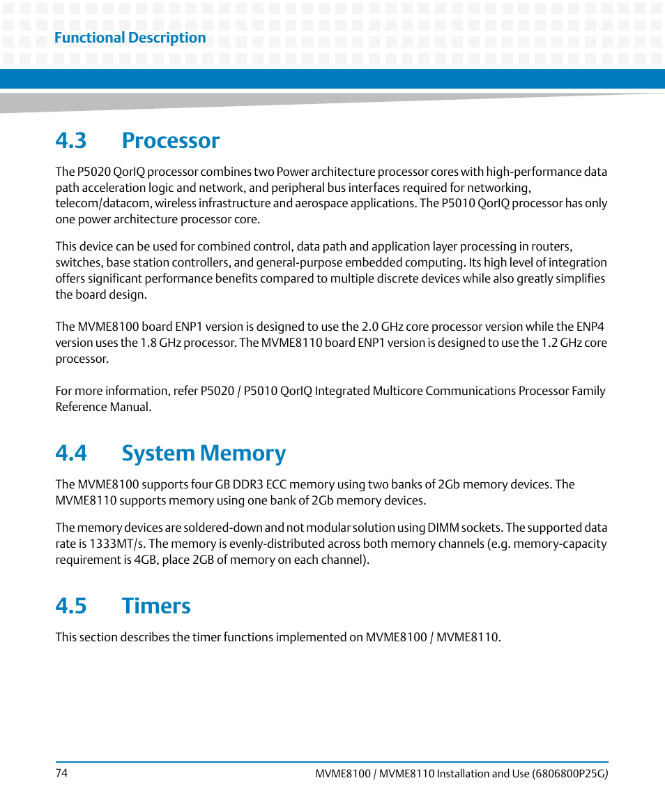 3 processor, 4 system memory, 5 timers | 3 processor 4.4 system memory 4.5 timers | Artesyn MVME8100/MVME8110 Installation and Use (September 2014) User Manual | Page 74 / 120