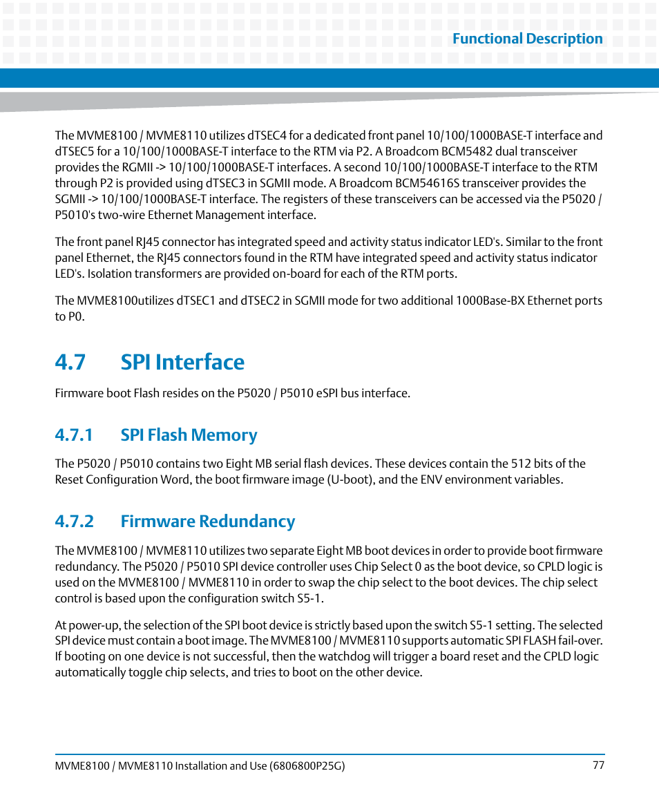 7 spi interface, 1 spi flash memory, 2 firmware redundancy | 1 spi flash memory 4.7.2 firmware redundancy | Artesyn MVME8100/MVME8110 Installation and Use (September 2014) User Manual | Page 77 / 120