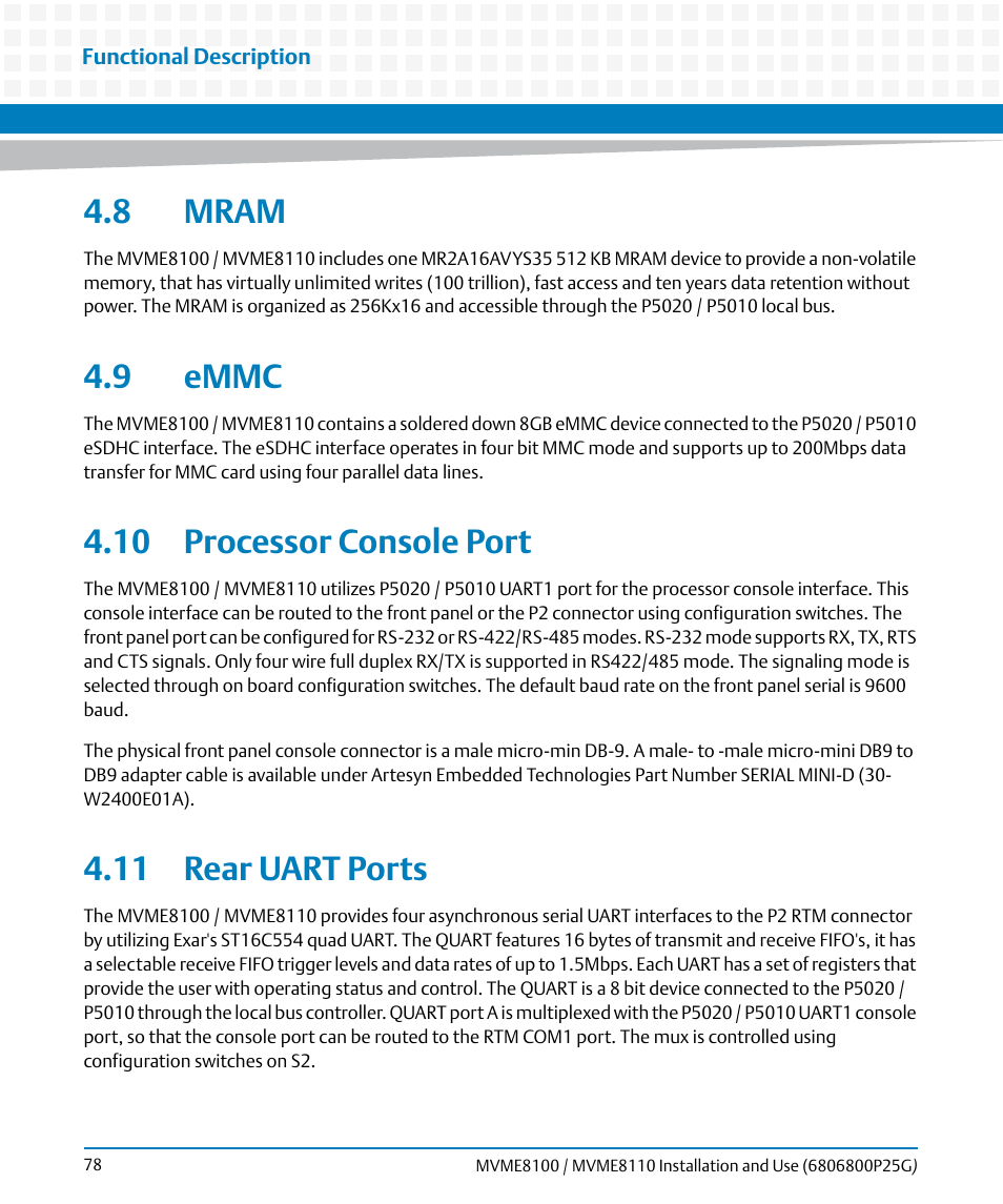 8 mram, 9 emmc, 10 processor console port | 11 rear uart ports | Artesyn MVME8100/MVME8110 Installation and Use (September 2014) User Manual | Page 78 / 120