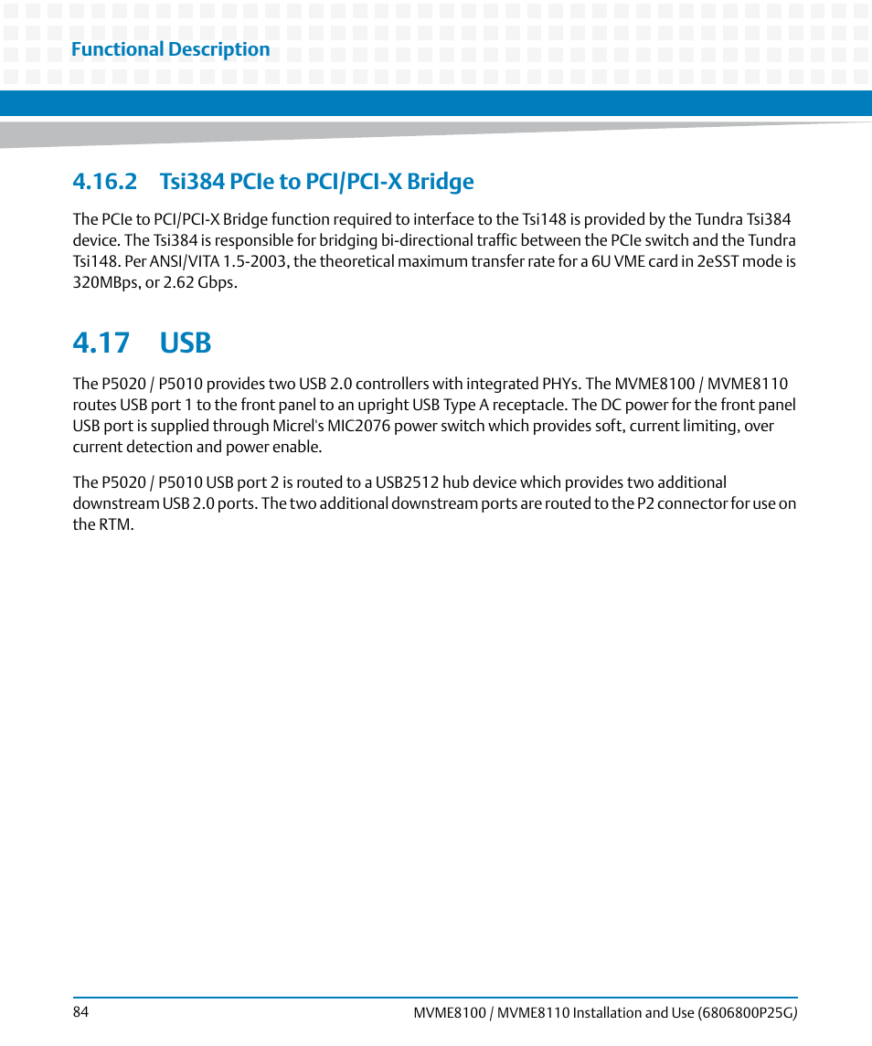 2 tsi384 pcie to pci/pci-x bridge, 17 usb | Artesyn MVME8100/MVME8110 Installation and Use (September 2014) User Manual | Page 84 / 120