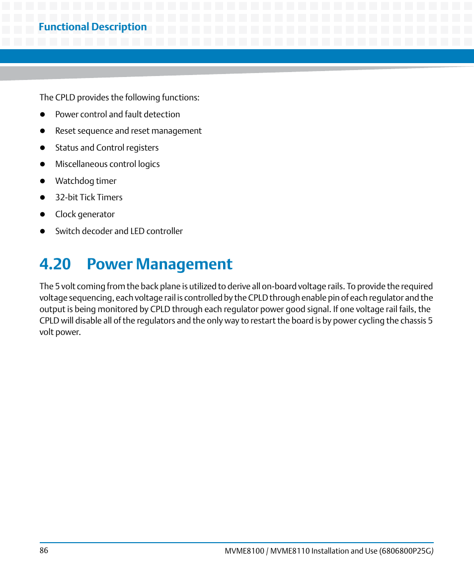 20 power management, Functional description | Artesyn MVME8100/MVME8110 Installation and Use (September 2014) User Manual | Page 86 / 120