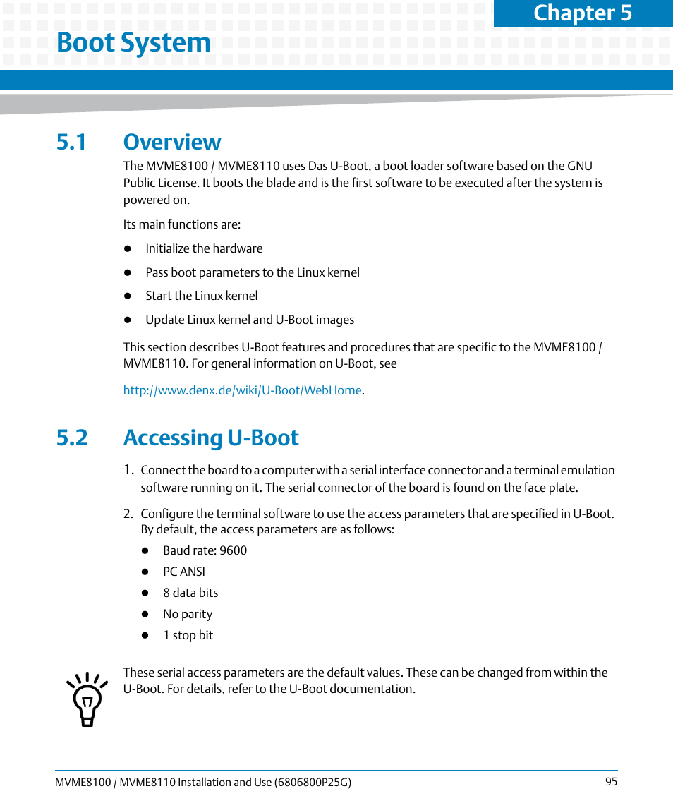 Boot system, 1 overview, 2 accessing u-boot | 1 overview 5.2 accessing u-boot, Chapter 5 | Artesyn MVME8100/MVME8110 Installation and Use (September 2014) User Manual | Page 95 / 120