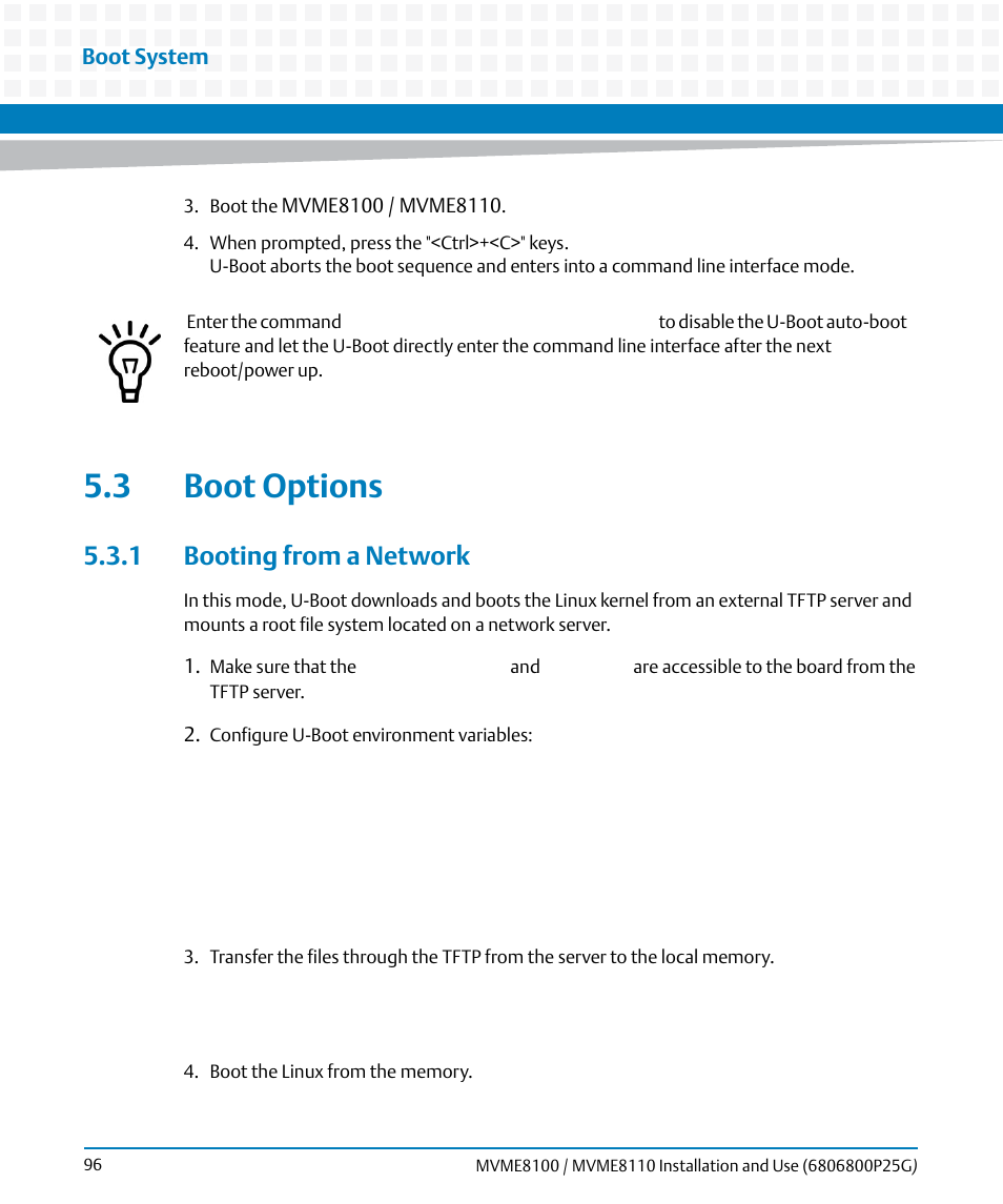 3 boot options, 1 booting from a network | Artesyn MVME8100/MVME8110 Installation and Use (September 2014) User Manual | Page 96 / 120