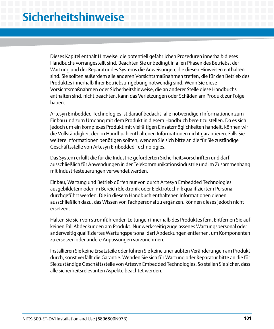 Sicherheitshinweise, Is a ge | Artesyn NITX-300-ET-DVI Installation and Use (August 2014) User Manual | Page 101 / 108
