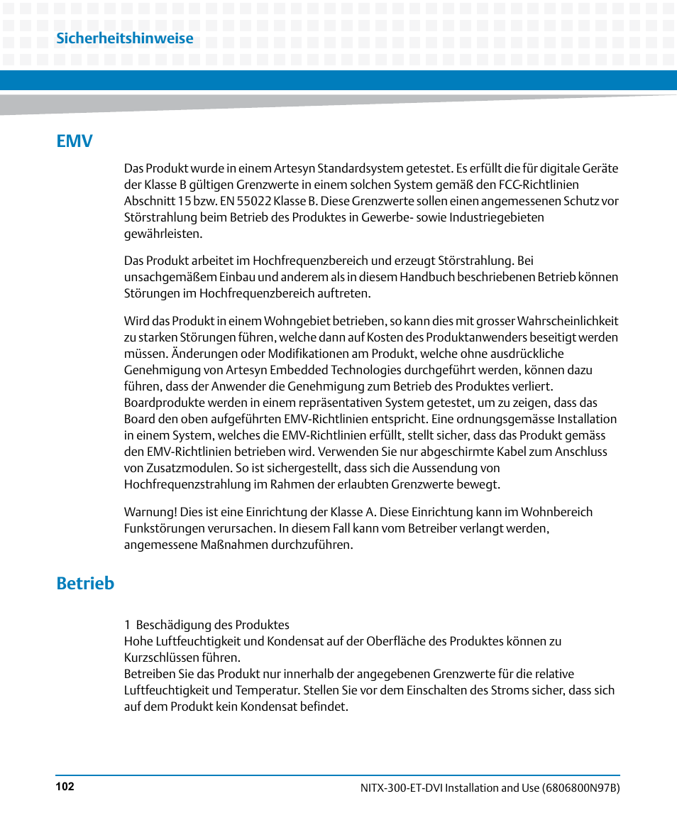 Betrieb | Artesyn NITX-300-ET-DVI Installation and Use (August 2014) User Manual | Page 102 / 108