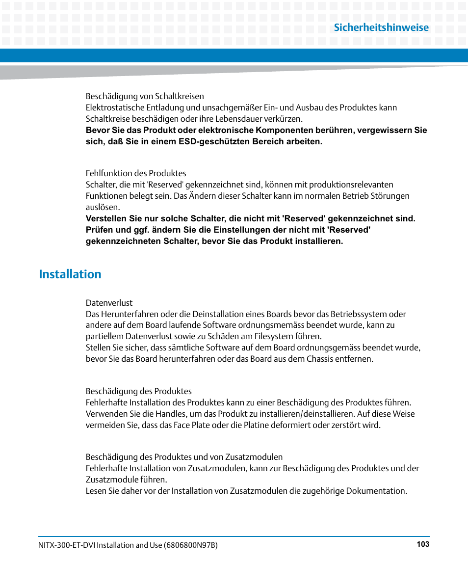 Installation, Sicherheitshinweise | Artesyn NITX-300-ET-DVI Installation and Use (August 2014) User Manual | Page 103 / 108