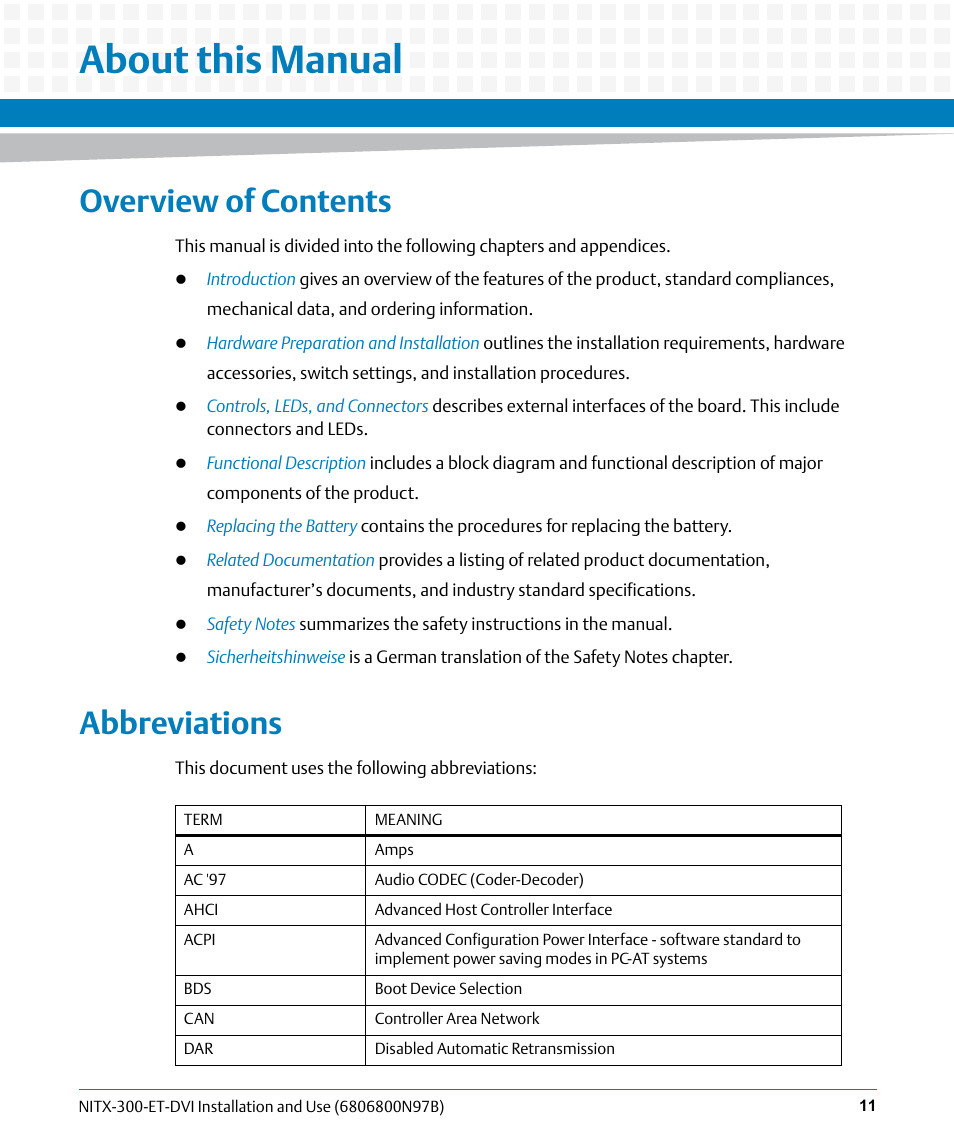About this manual, Overview of contents, Abbreviations | Artesyn NITX-300-ET-DVI Installation and Use (August 2014) User Manual | Page 11 / 108