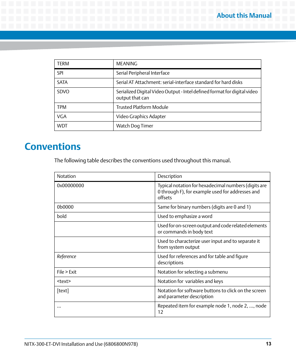 Conventions, About this manual | Artesyn NITX-300-ET-DVI Installation and Use (August 2014) User Manual | Page 13 / 108