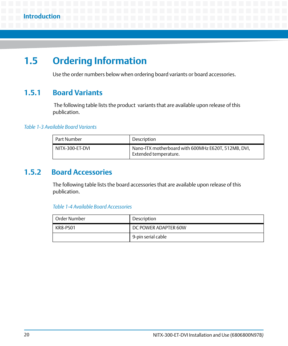 5 ordering information, 1 board variants, 2 board accessories | 1 board variants 1.5.2 board accessories, Table 1-3, Available board variants, Table 1-4, Available board accessories | Artesyn NITX-300-ET-DVI Installation and Use (August 2014) User Manual | Page 20 / 108