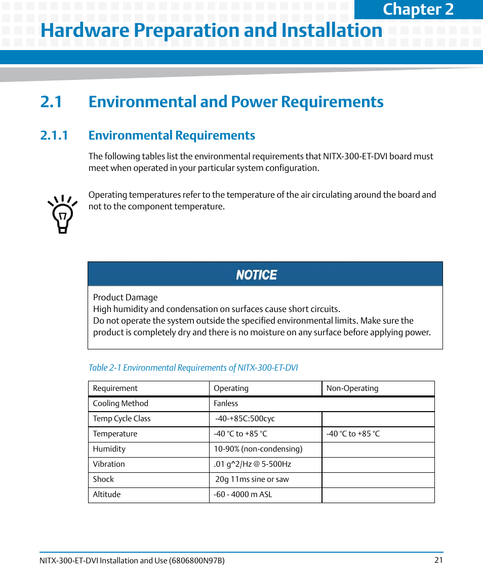 Hardware preparation and installation, 1 environmental and power requirements, 1 environmental requirements | Table 2-1, Environmental requirements of nitx-300-et-dvi, Outline, Chapter 2 | Artesyn NITX-300-ET-DVI Installation and Use (August 2014) User Manual | Page 21 / 108