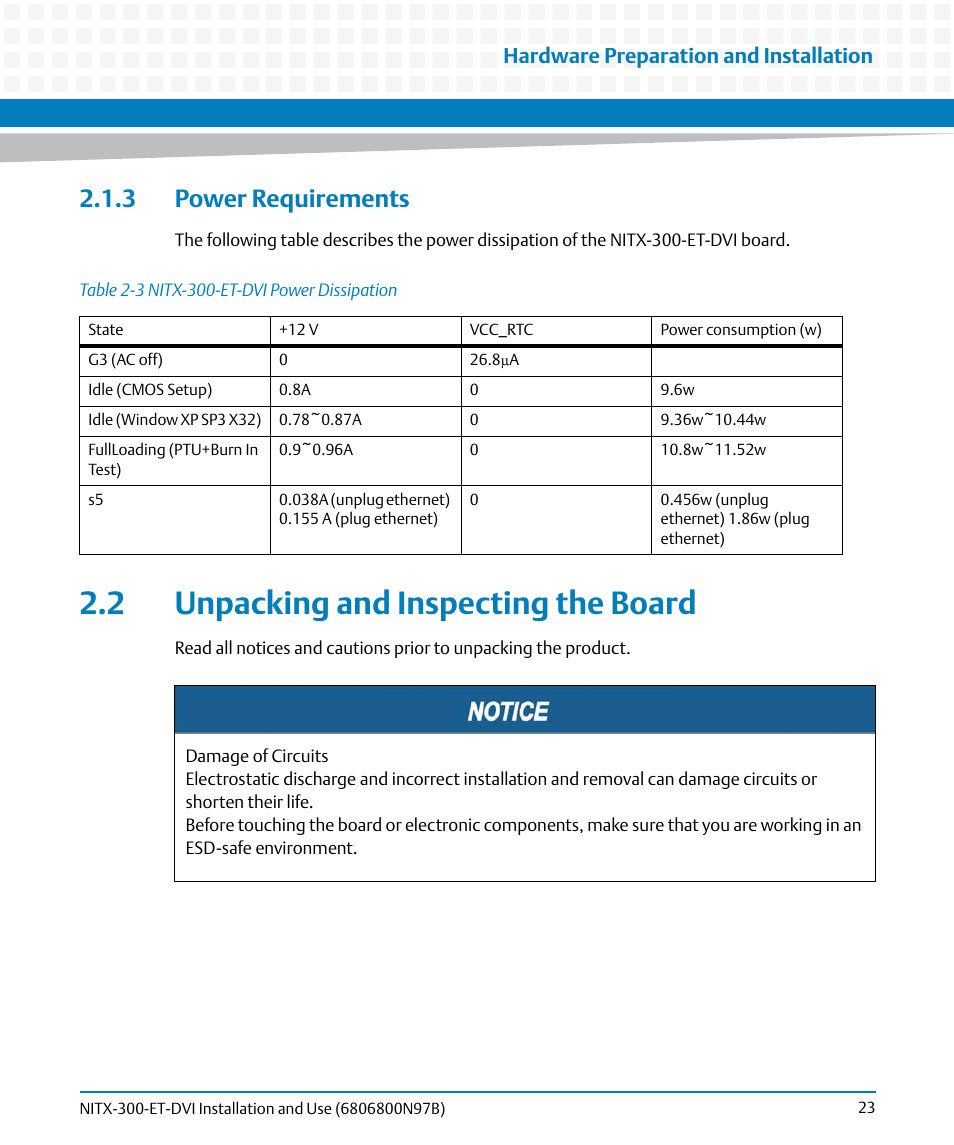 3 power requirements, 2 unpacking and inspecting the board, Table 2-3 | Nitx-300-et-dvi power dissipation, Hardware preparation and installation | Artesyn NITX-300-ET-DVI Installation and Use (August 2014) User Manual | Page 23 / 108