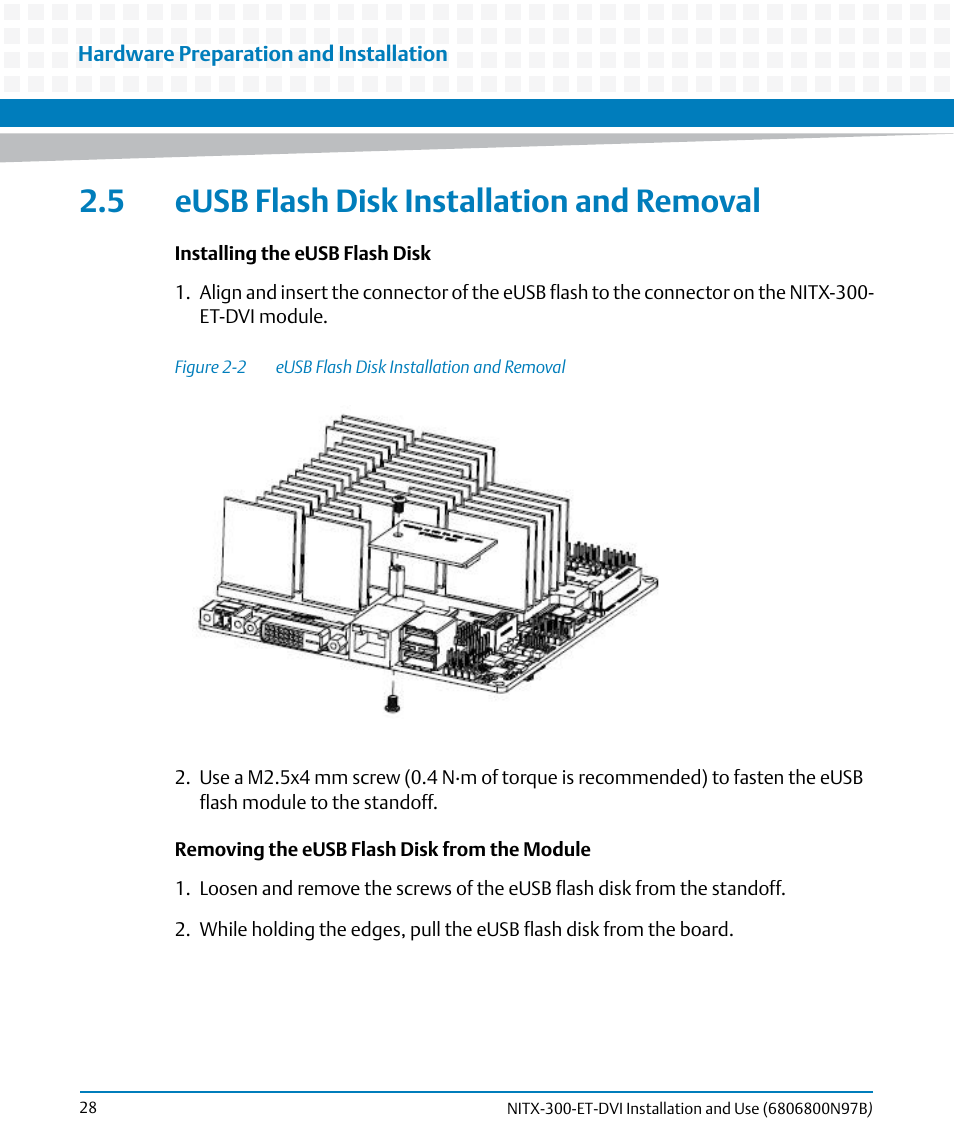5 eusb flash disk installation and removal, Figure 2-2, Eusb flash disk installation and removal | Artesyn NITX-300-ET-DVI Installation and Use (August 2014) User Manual | Page 28 / 108