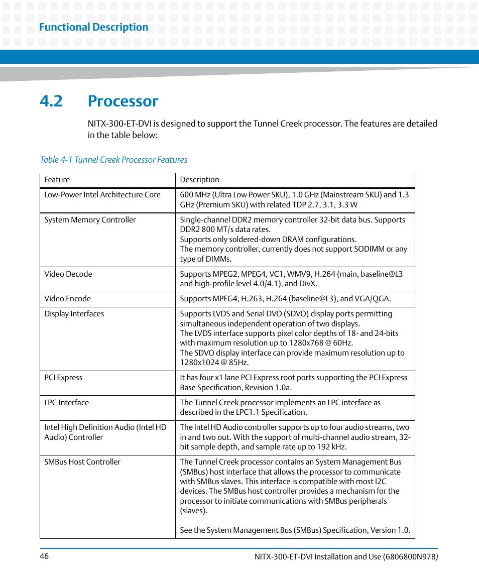 2 processor, Table 4-1, Tunnel creek processor features | Functional description | Artesyn NITX-300-ET-DVI Installation and Use (August 2014) User Manual | Page 46 / 108