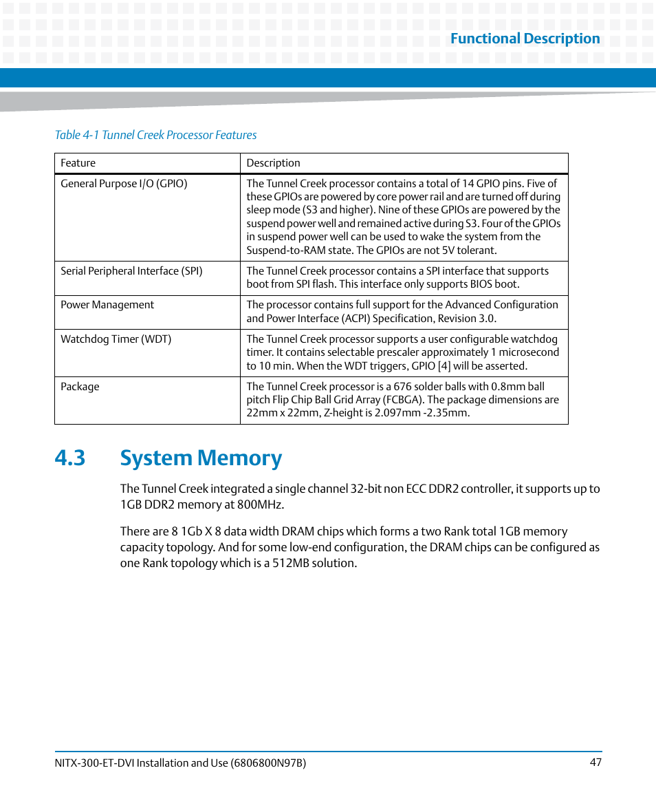 3 system memory, Functional description | Artesyn NITX-300-ET-DVI Installation and Use (August 2014) User Manual | Page 47 / 108