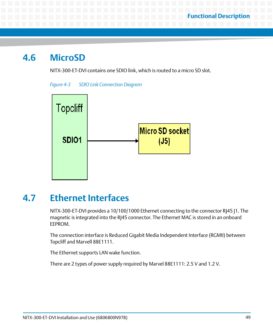 6 microsd, 7 ethernet interfaces, 6 microsd 4.7 ethernet interfaces | Figure 4-3, Sdio link connection diagram | Artesyn NITX-300-ET-DVI Installation and Use (August 2014) User Manual | Page 49 / 108