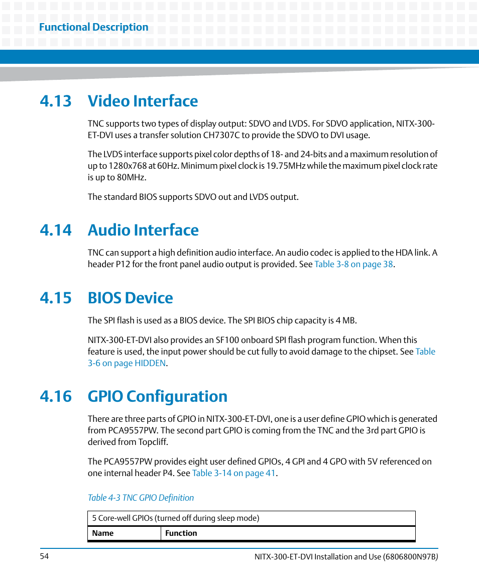 13 video interface, 14 audio interface, 15 bios device | 16 gpio configuration, Table 4-3, Tnc gpio definition | Artesyn NITX-300-ET-DVI Installation and Use (August 2014) User Manual | Page 54 / 108