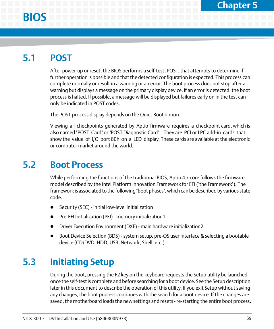 Bios, 1 post, 2 boot process | 3 initiating setup, 1 post 5.2 boot process 5.3 initiating setup, Chapter 5 | Artesyn NITX-300-ET-DVI Installation and Use (August 2014) User Manual | Page 59 / 108
