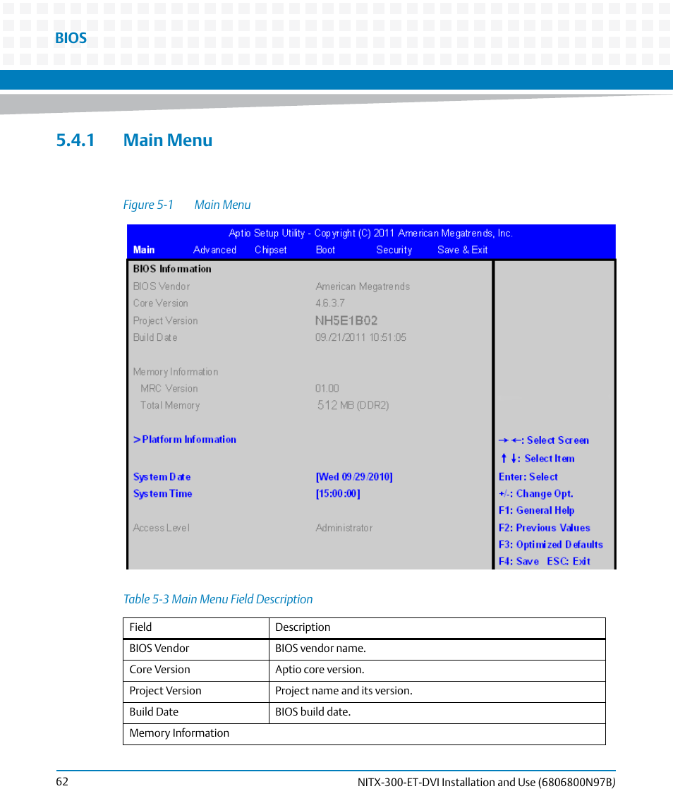 1 main menu, Table 5-3, Main menu field description | Figure 5-1, Main menu, Bios | Artesyn NITX-300-ET-DVI Installation and Use (August 2014) User Manual | Page 62 / 108